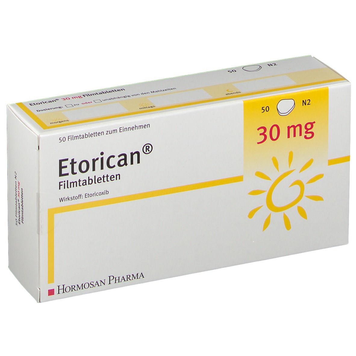 Etorican® 30 mg Filmtabletten-Packung. Weißer Karton mit gelben Akzenten. Aufdruck: Name, Dosierung, Sonnenlogo.
