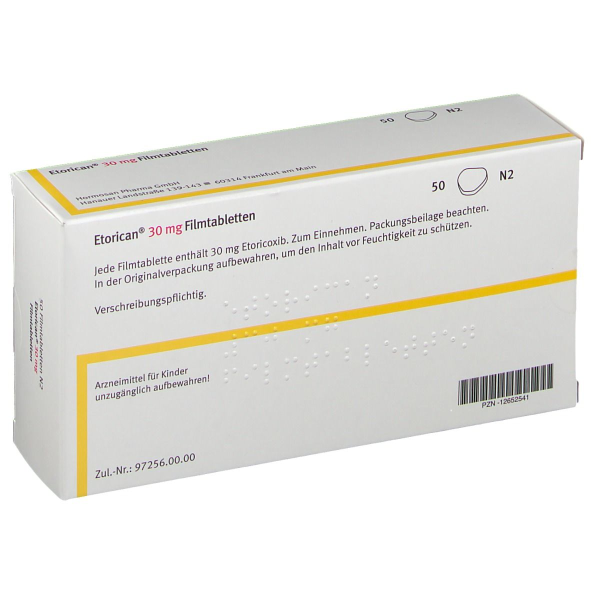 Rückseite der Etorican® 30 mg-Packung. Weißer Karton mit Text. Enthält Informationen zu Inhaltsstoffen und Gebrauch.