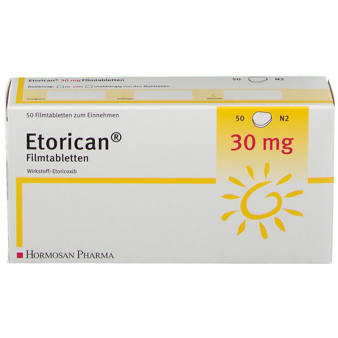 Etorican® 30 mg-Packung. Weißer Karton mit gelben Akzenten. Aufdruck: Name, Dosierung, Sonnenlogo.