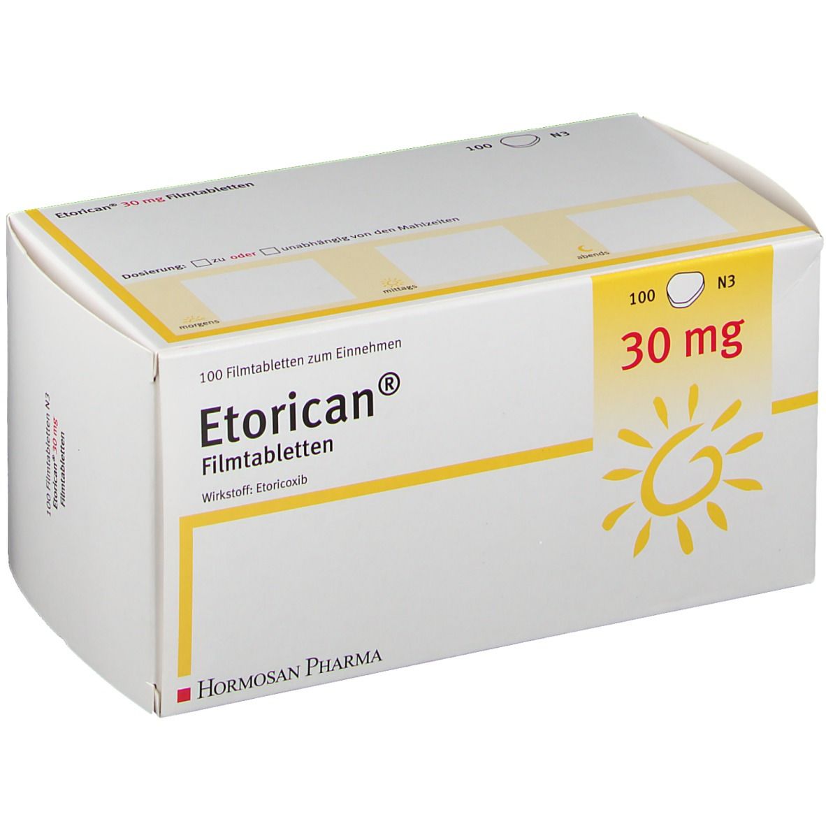 Weiße Schachtel mit Etorican® 30 mg. Aufdruck: 100 Filmtabletten, N3. Gelbes Sonnenlogo. Hormosan Pharma Logo.