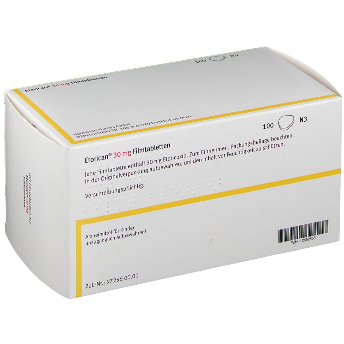 Rückseite der Etorican® 30 mg Schachtel. Aufdruck: 100 Filmtabletten, N3. Barcode. Zul.-Nr. 97256.00.00.