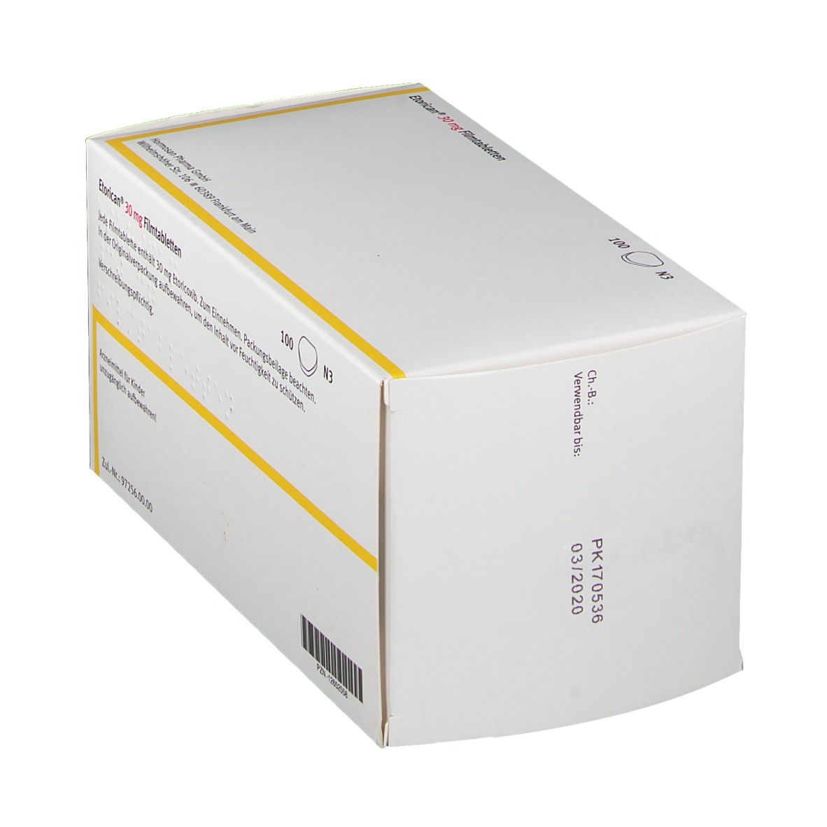 Schachtel Etorican® 30 mg, schräg. Aufdruck: 100 Filmtabletten, N3. Verfallsdatum 03/2020. Barcode.