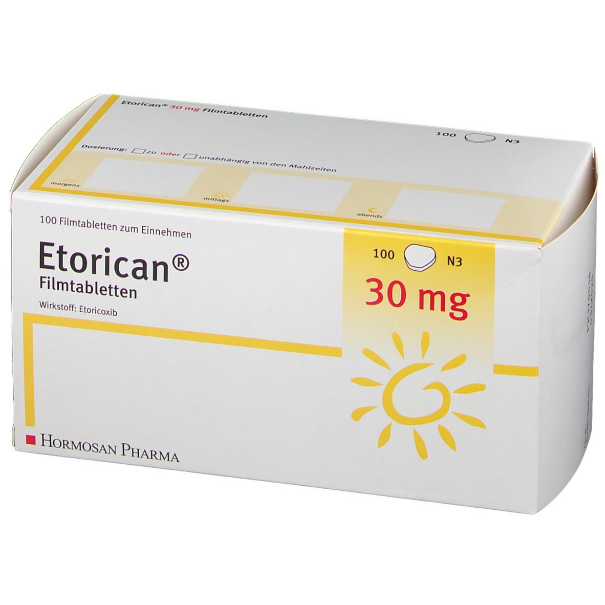 Weiße Schachtel Etorican® 30 mg. Aufdruck: 100 Filmtabletten, N3. Gelbes Sonnenlogo. Hormosan Pharma Logo.
