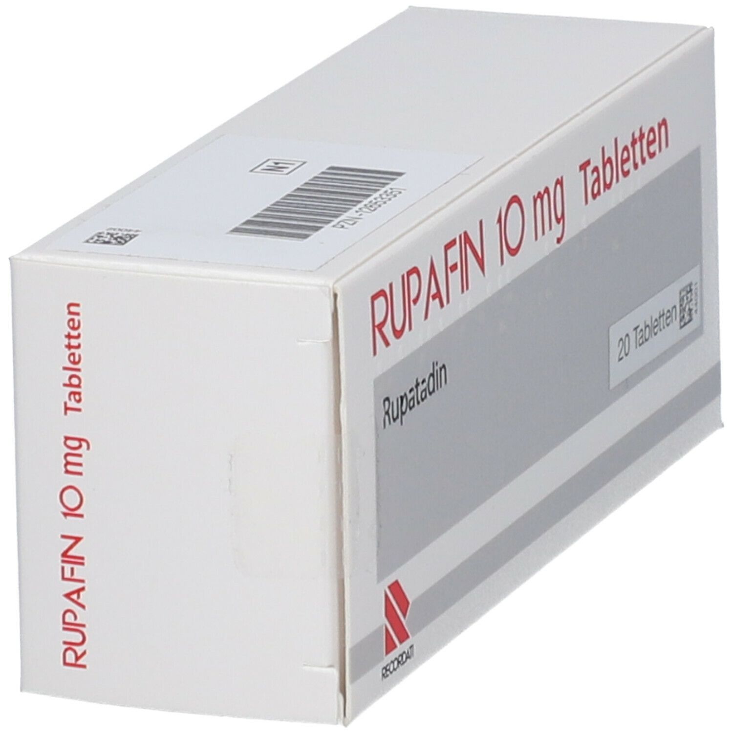 Schachtel mit Rupafin 10 mg Tabletten. Aufschrift: Rupatadin. Logo Recordati.