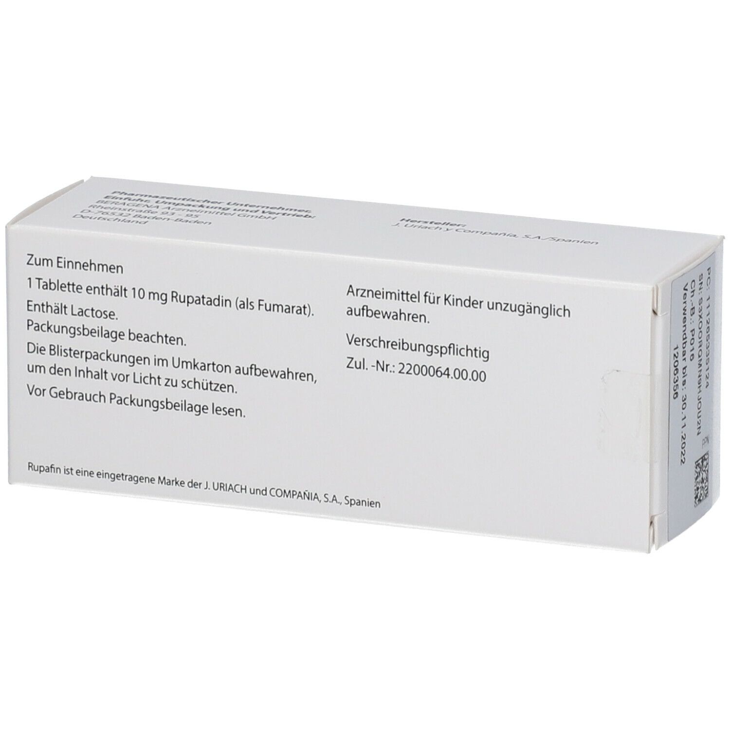 Rückseite der Schachtel mit Rupafin 10 mg Tabletten. Text: Zum Einnehmen, Packungsbeilage beachten.