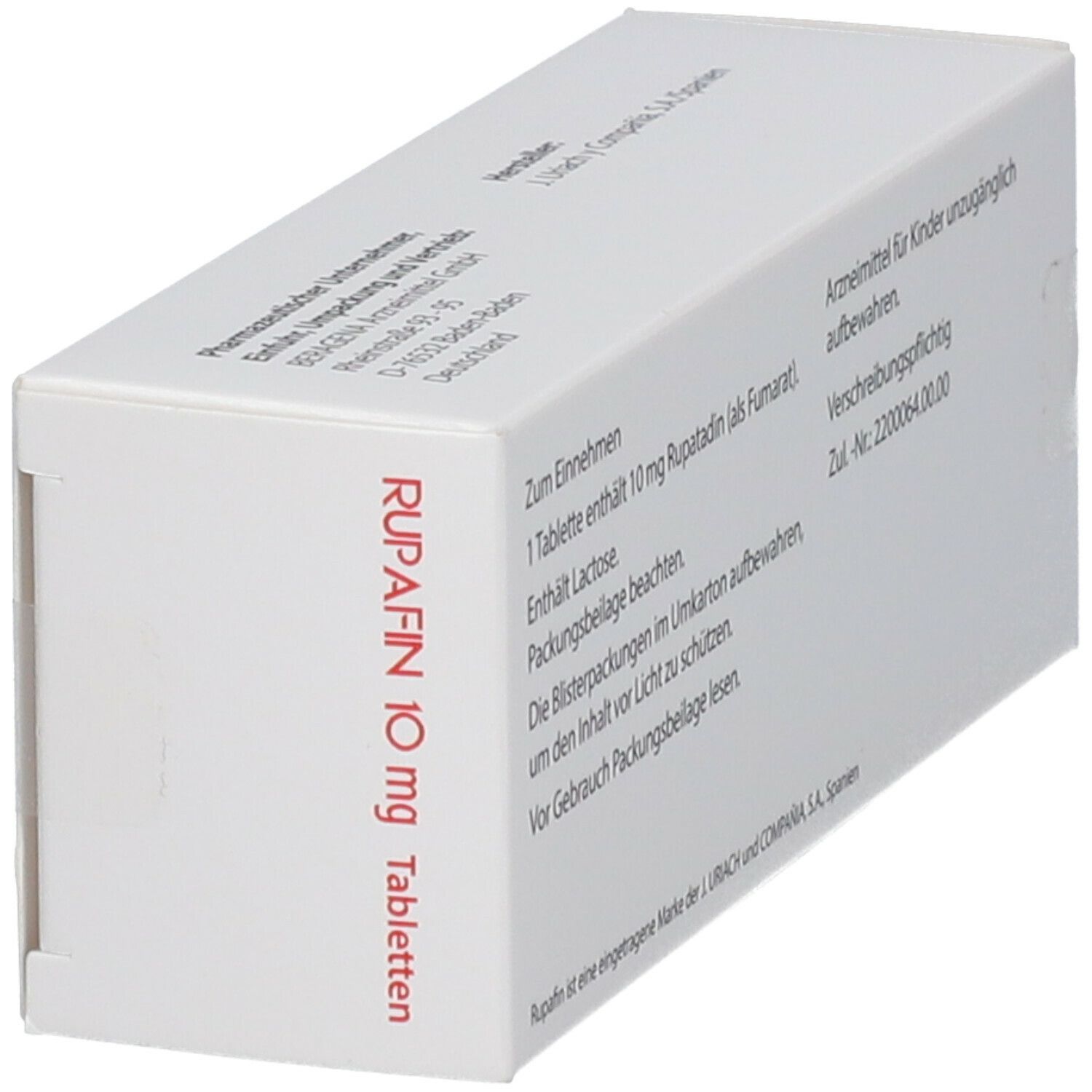 Schachtel mit Rupafin 10 mg Tabletten. Aufschrift: Zum Einnehmen. Logo Recordati.