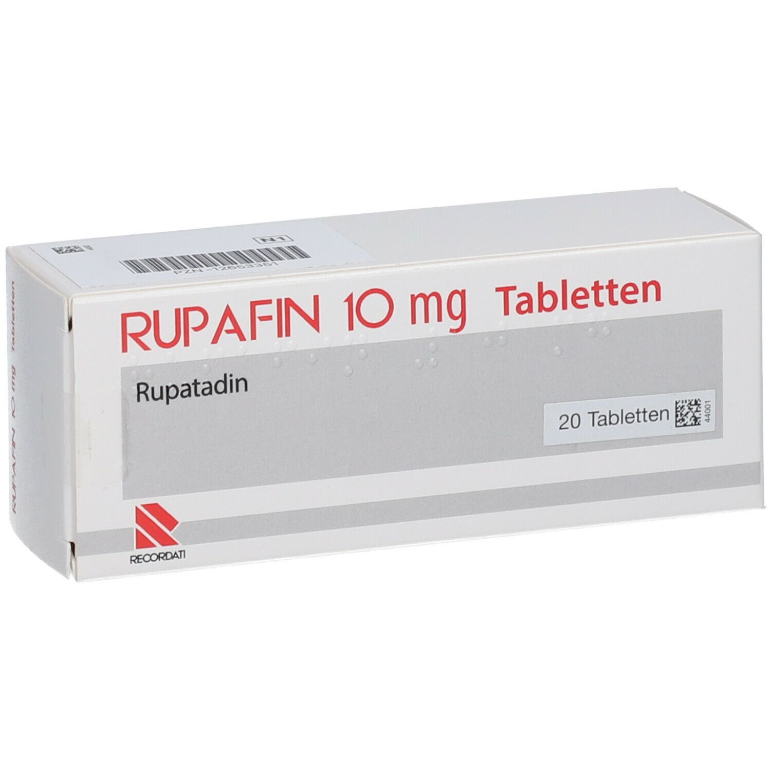 Schachtel mit Rupafin 10 mg Tabletten. Aufschrift: Rupatadin, 20 Tabletten. Logo Recordati.