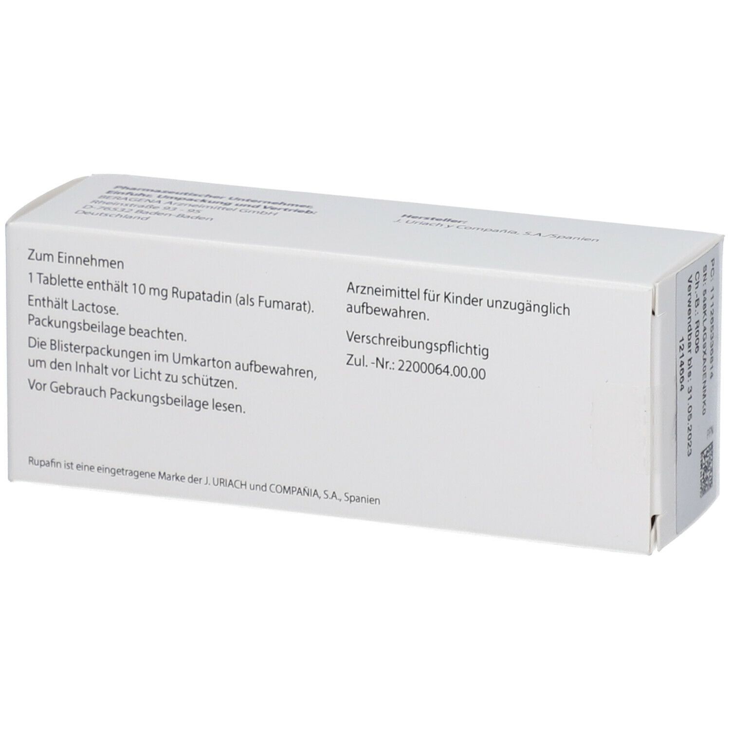 Rückseite der weißen Schachtel mit Text. Enthält Informationen zur Einnahme, Inhaltsstoffen und Zulassungsnummer.