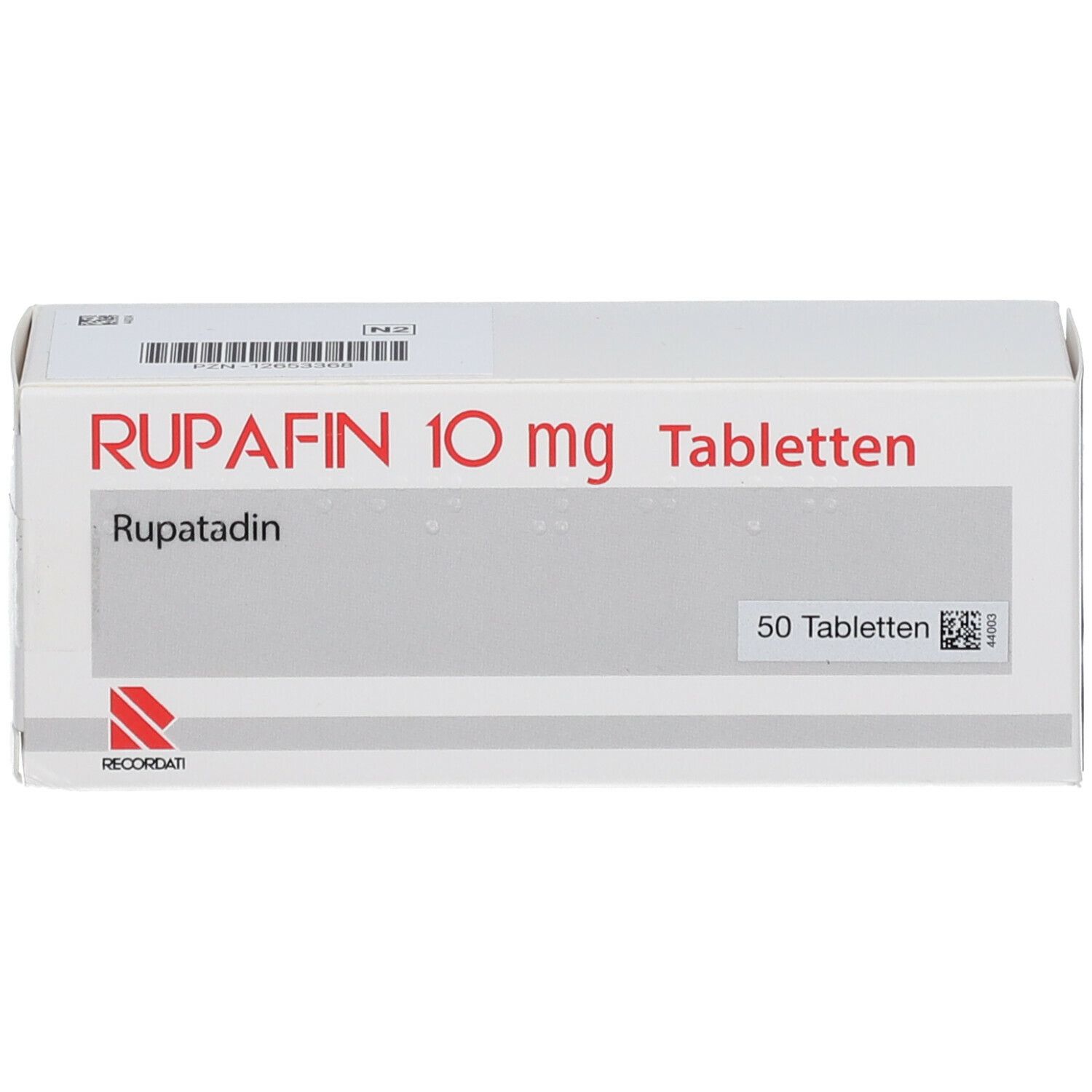 Weiße Schachtel mit roter Aufschrift RUPAFIN 10 mg Tabletten. Auf der Seite steht 50 Tabletten.