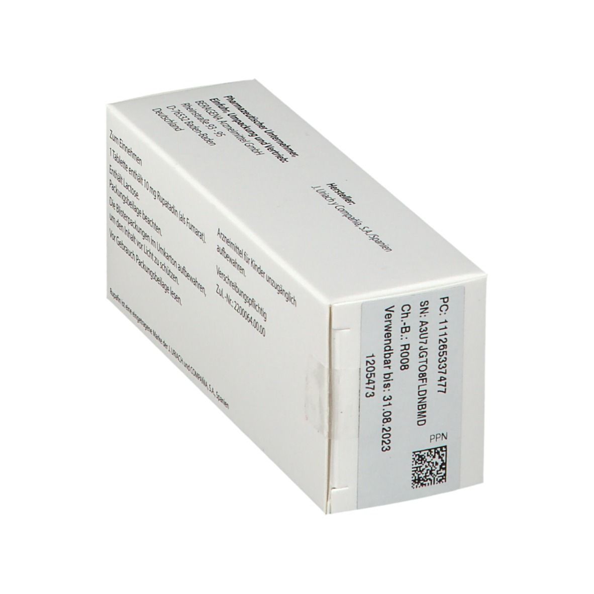 Weiße Schachtel, Seitenansicht mit Text und Barcode. Enthält Informationen wie Chargennummer und Verfallsdatum.