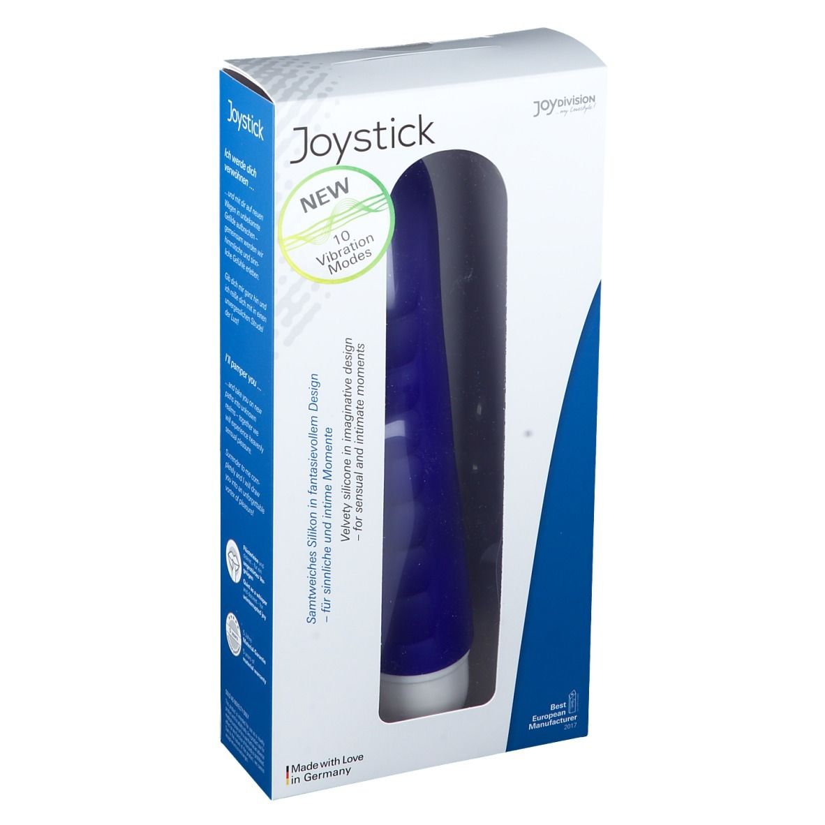 Blauer Joystick in Verpackung. Sichtfenster zeigt Produkt. Text: 10 Vibrationsmodi, samtweiches Silikon. Hersteller: Joydivision.