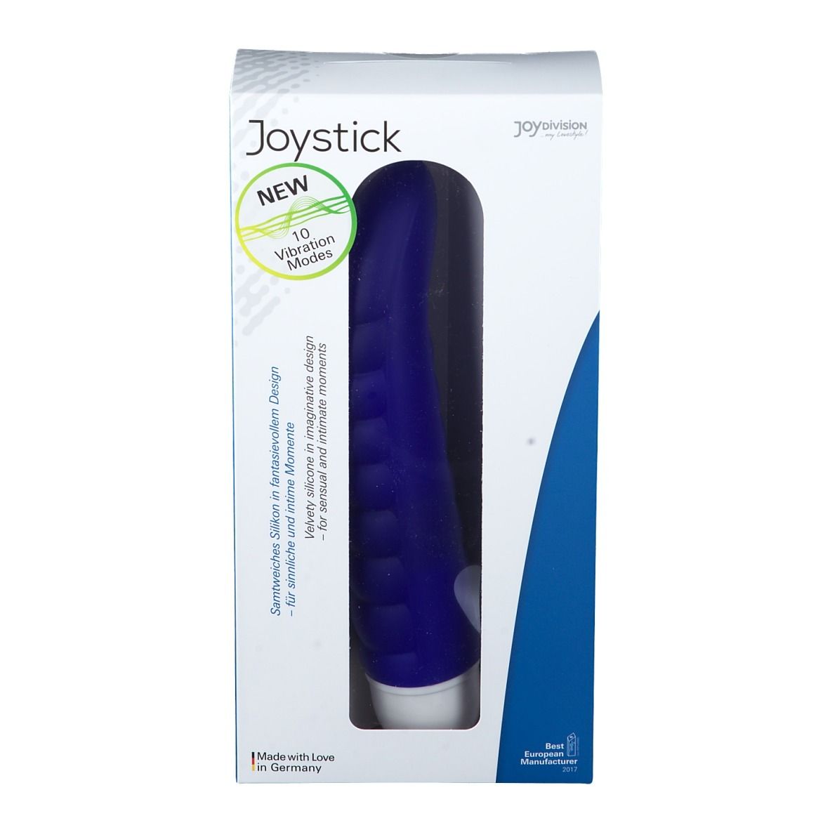 Blauer Joystick in Verpackung. Sichtfenster zeigt Produkt. Text: 10 Vibrationsmodi, samtweiches Silikon. Hersteller: Joydivision.