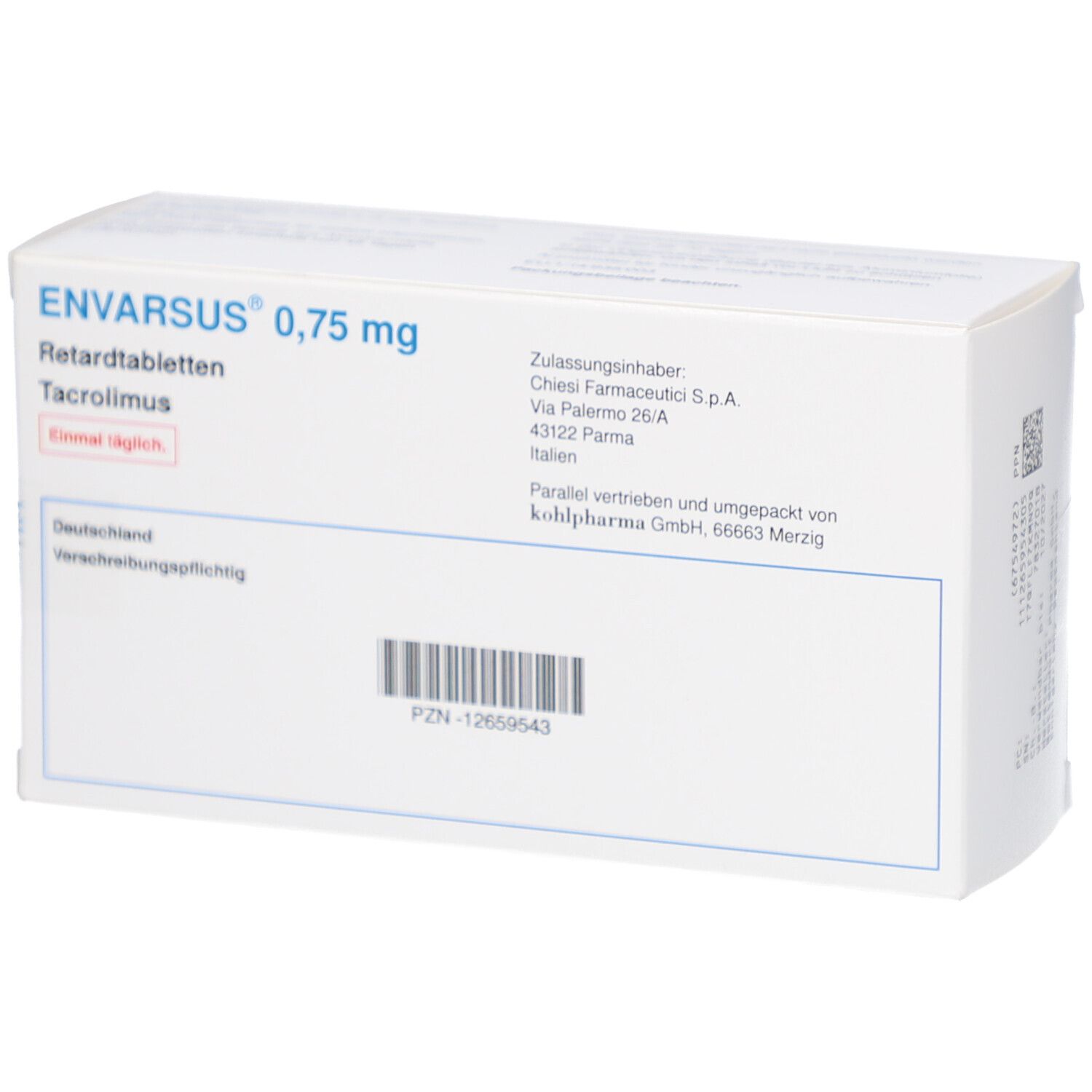Weiße Schachtel mit Text. Aufschrift: Envarsus 0,75 mg Retardtabletten, Tacrolimus. Barcode. Marke Chiesi.