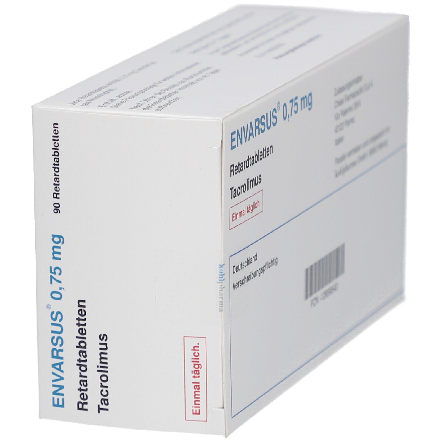 Schachtel Envarsus 0,75 mg. Aufschrift: Retardtabletten, Tacrolimus. 90 Tabletten. Marke Chiesi.