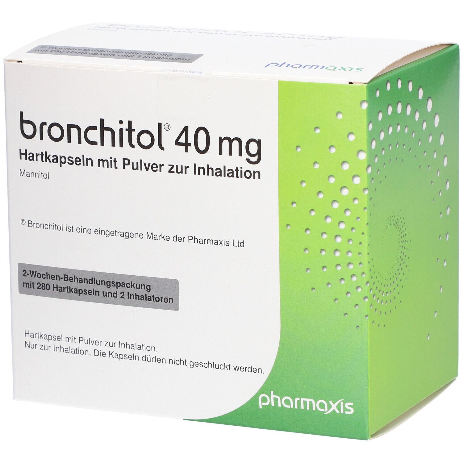 Bronchitol 40 mg, Hartkapseln mit Pulver zur Inhalation. Verpackung mit Produktinformationen und Logo.