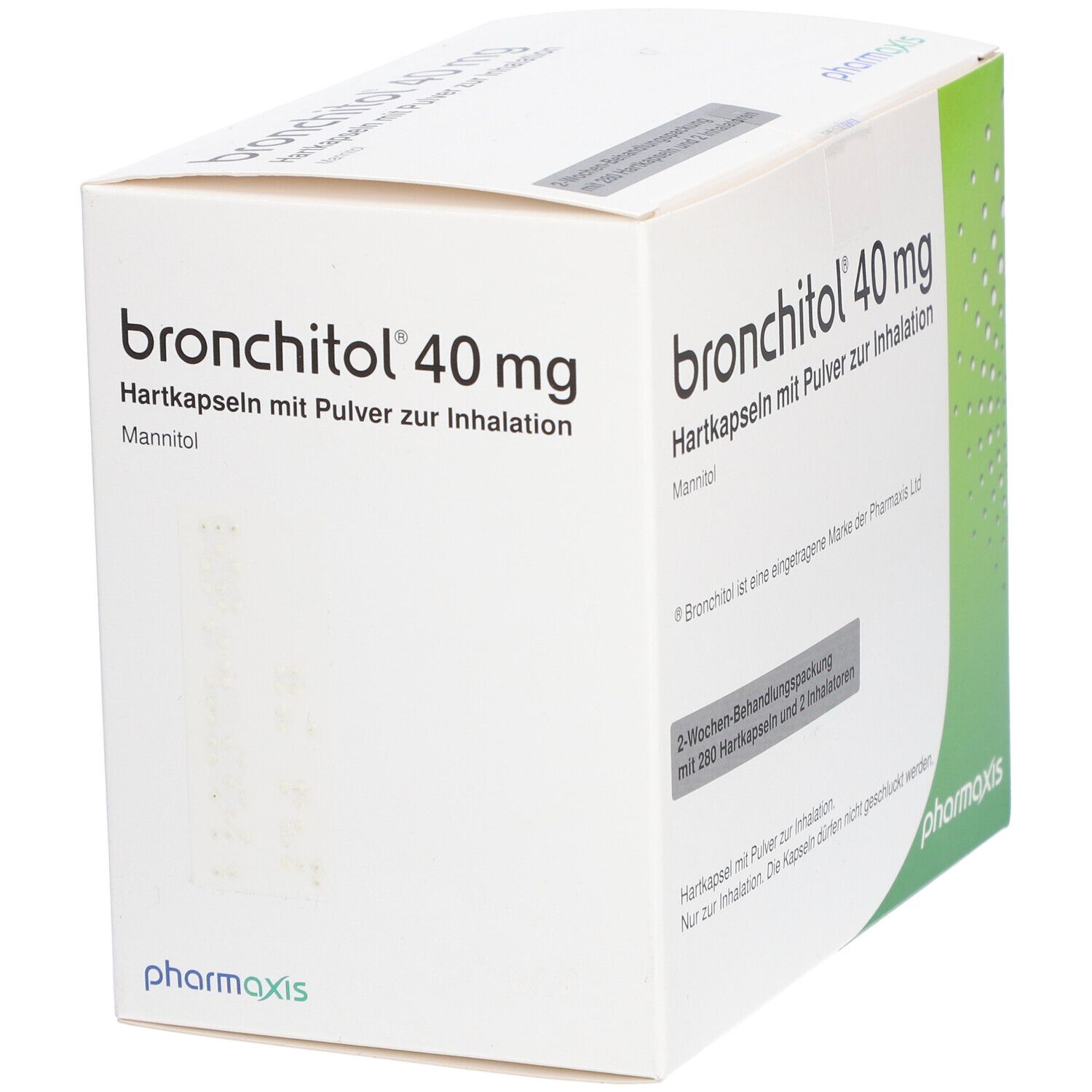 Bronchitol 40 mg, Hartkapseln mit Pulver zur Inhalation. Verpackung, Seitenansicht mit Logo.