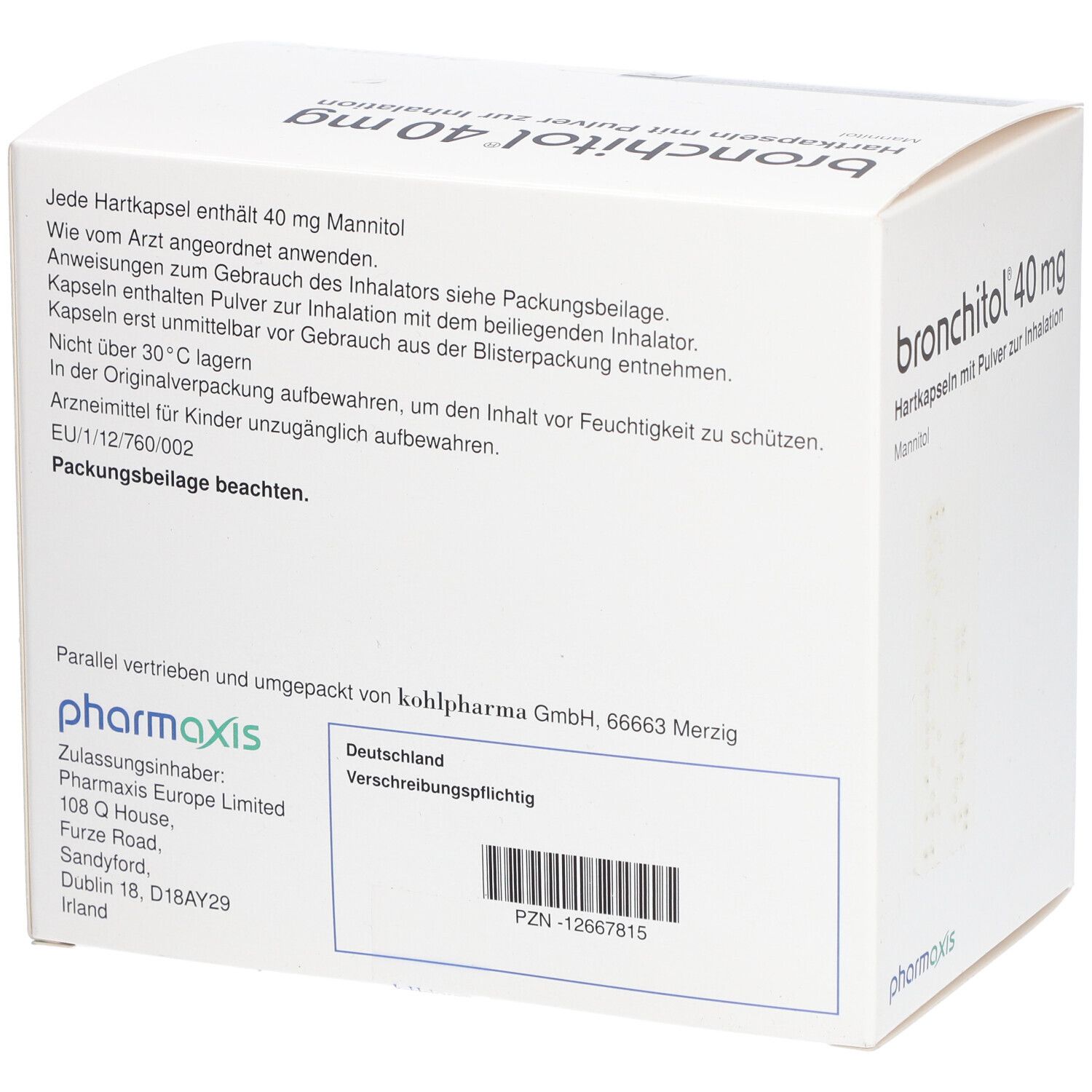 Rückseite der Bronchitol 40 mg Verpackung. Textinformationen, Herstellerangaben, Barcode.