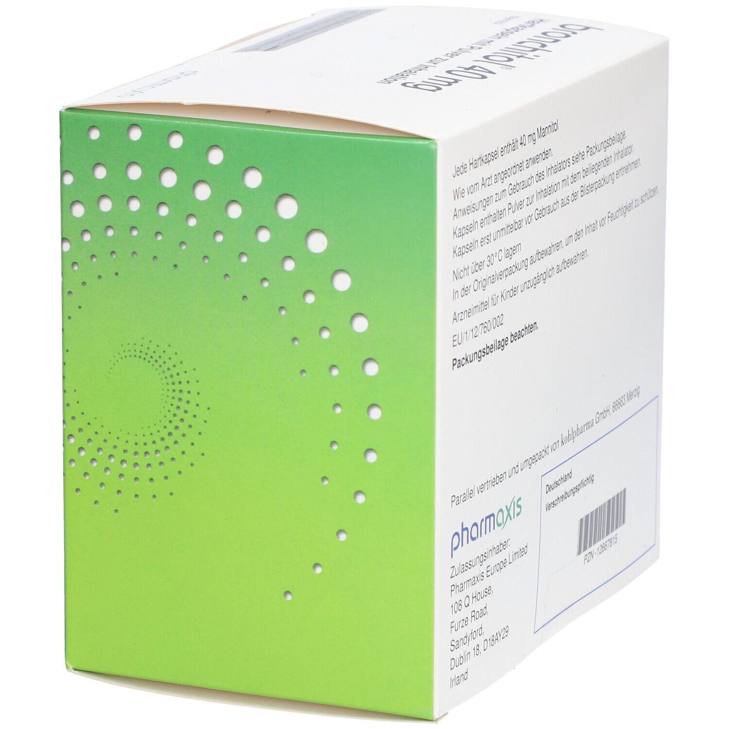 Ecke der Bronchitol 40 mg Verpackung. Grünes Design, Textinformationen, Logo.