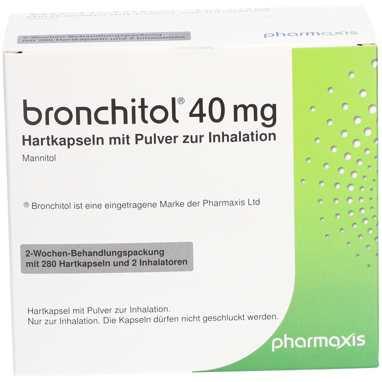 Bronchitol 40 mg, Hartkapseln mit Pulver zur Inhalation. Verpackung, Detailansicht.