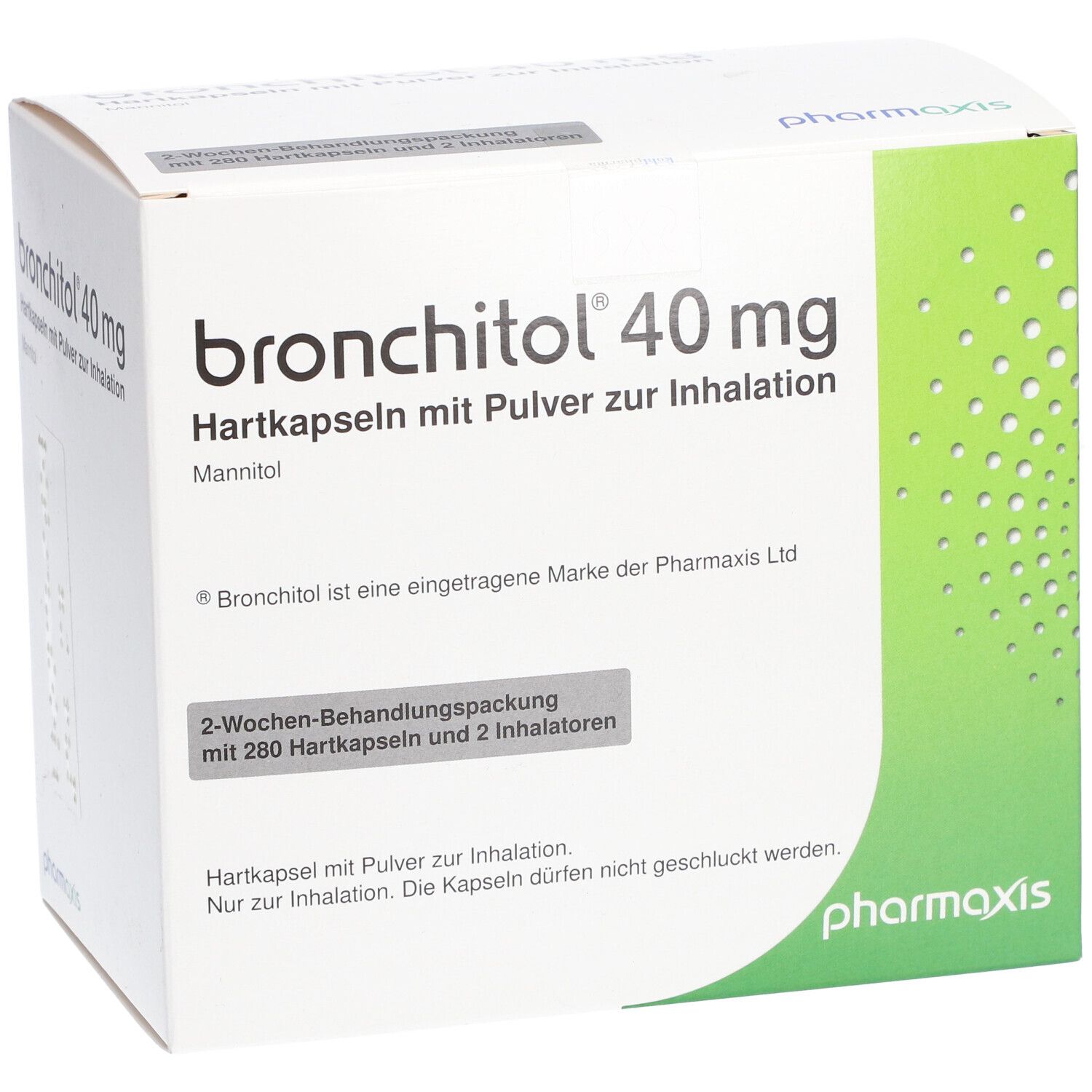 Bronchitol 40 mg, Hartkapseln mit Pulver zur Inhalation. Verpackung, leicht schräg.