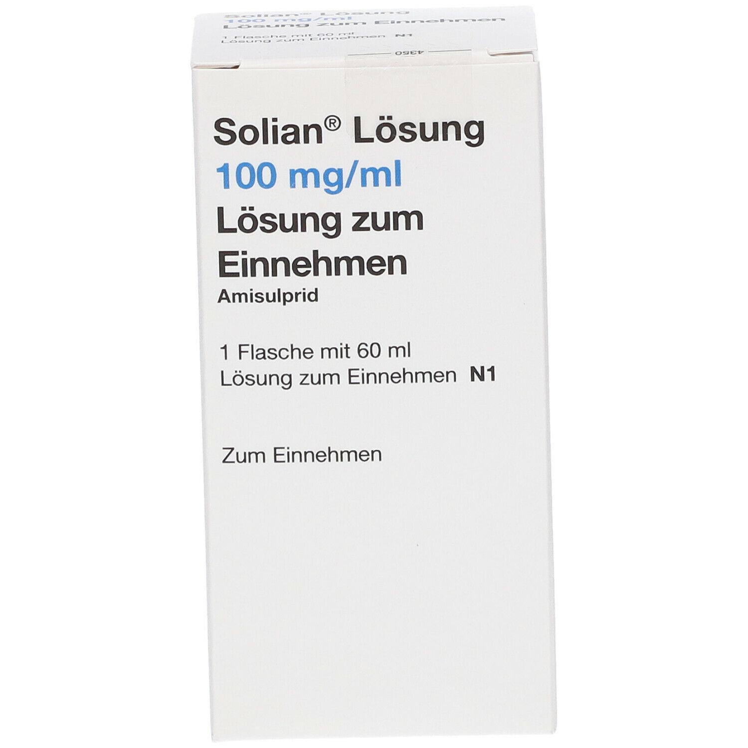 Weiße Schachtel mit Solian Lösung, 100 mg/ml, zum Einnehmen. Enthält 1 Flasche mit 60 ml. Aufschrift: Amisulprid.