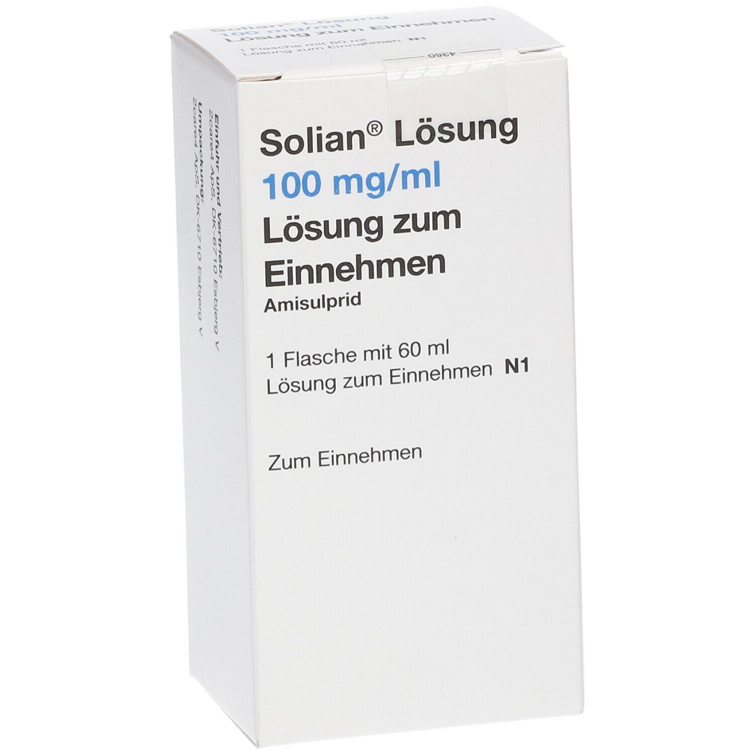 Weiße Schachtel mit Solian Lösung, 100 mg/ml, zum Einnehmen. Enthält 1 Flasche mit 60 ml. Aufschrift: Amisulprid. Seite mit weiteren Informationen.