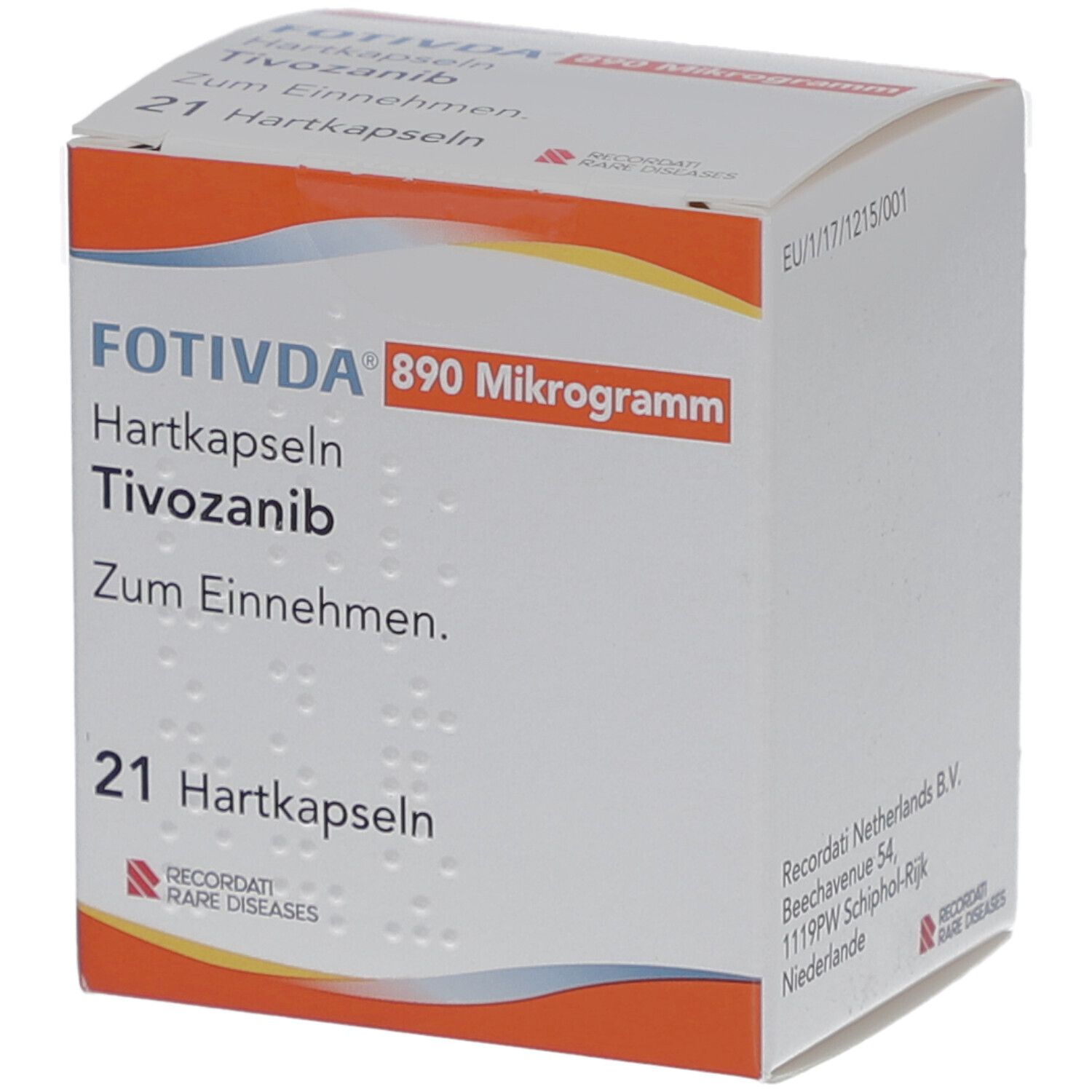 Weiße Schachtel mit orangefarbenen Akzenten. Aufschrift: FOTIVDA 890 Mikrogramm, Hartkapseln, Tivozanib, 21 Hartkapseln.