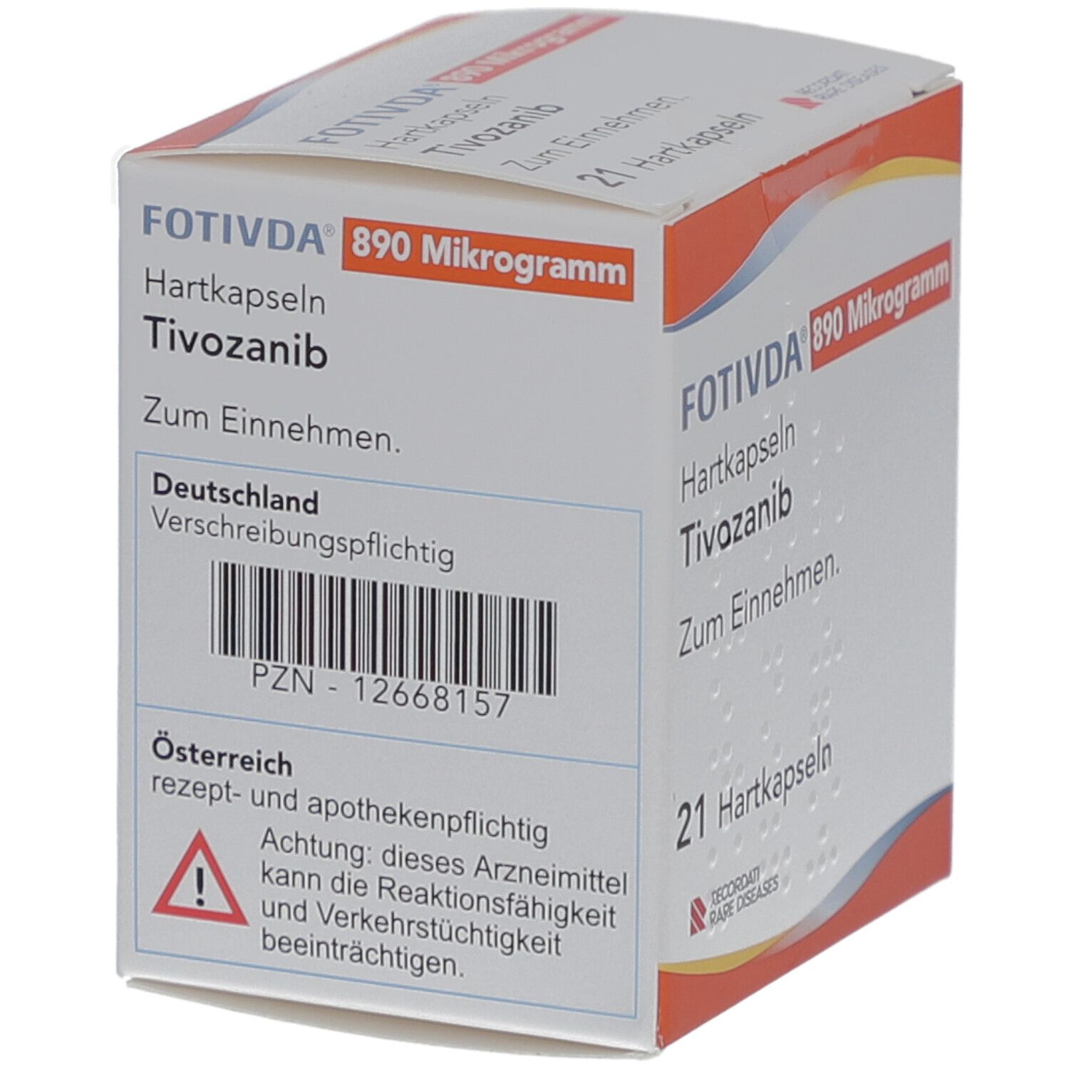 Weiße Schachtel mit orangefarbenen Akzenten. Aufschrift: FOTIVDA 890 Mikrogramm, Hartkapseln, Tivozanib. Text und Warnhinweise.