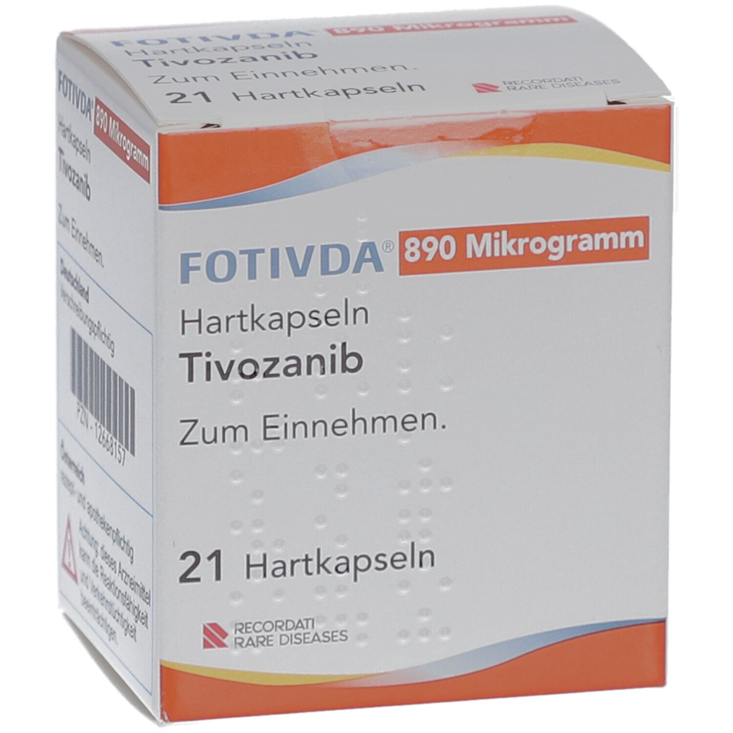Weiße Schachtel mit orangefarbenen Akzenten. Aufschrift: FOTIVDA 890 Mikrogramm, Hartkapseln, Tivozanib, 21 Hartkapseln.