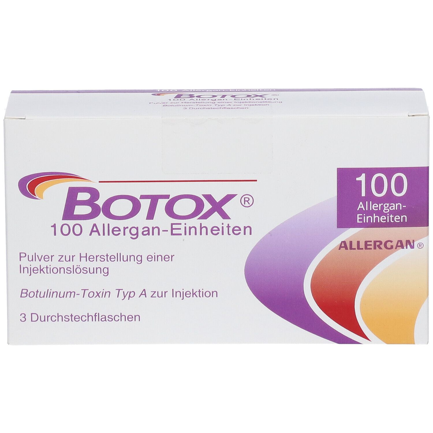 Weiße Verpackung mit BOTOX-Logo, lila Akzenten und Text. Enthält 100 Allergan-Einheiten. Allergan-Logo.