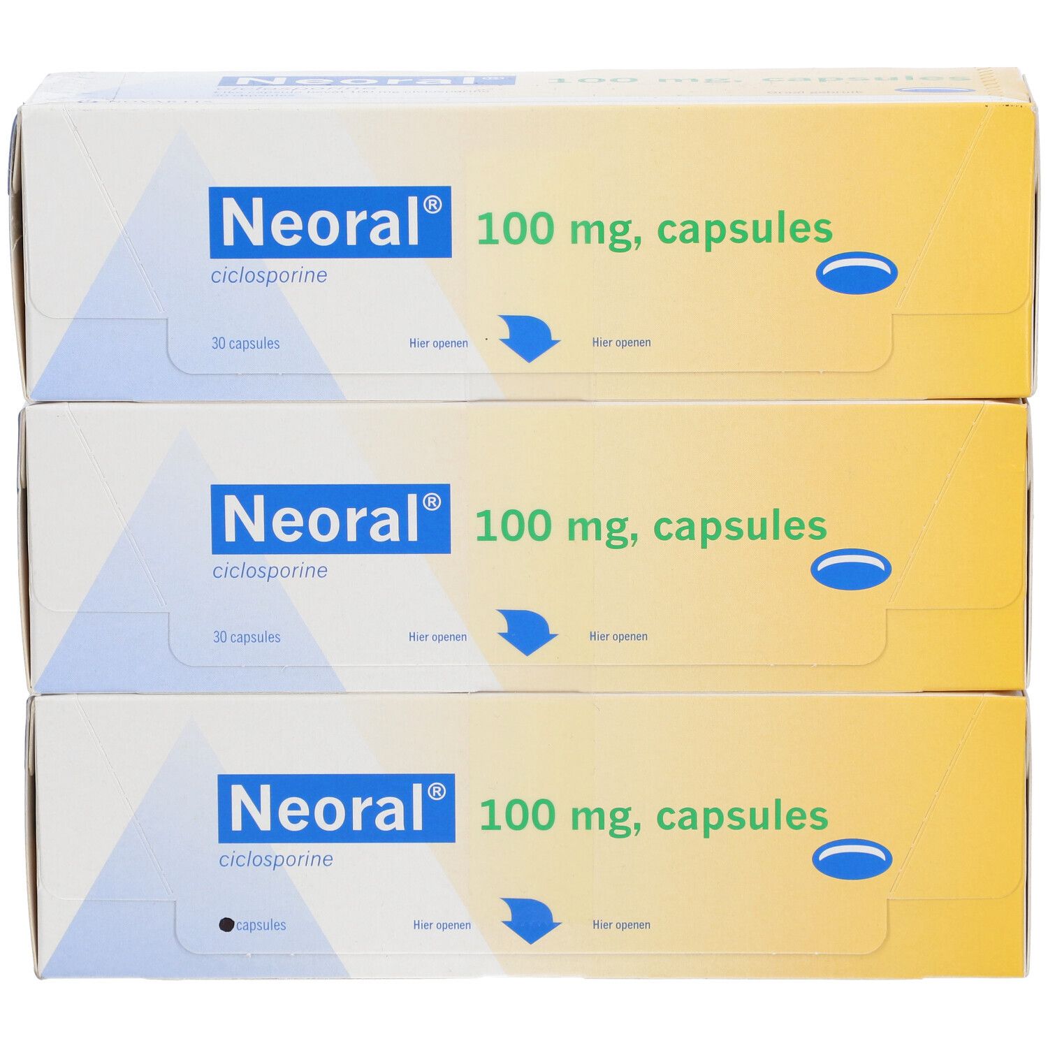 Drei Schachteln Neoral 100 mg, Kapseln. Blaue und gelbe Verpackung. Aufschrift: Neoral, 100 mg, Kapseln, 30 Kapseln.