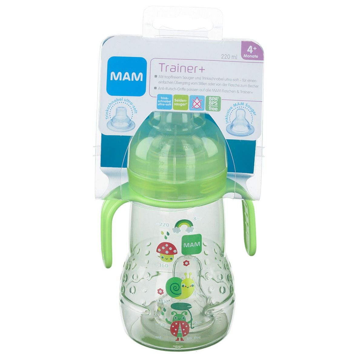 MAM Trainer+ Trinklernflasche mit Griffen, tropffreiem Sauger & Trinkschnabel 220ml grün, ab 4 Monate
