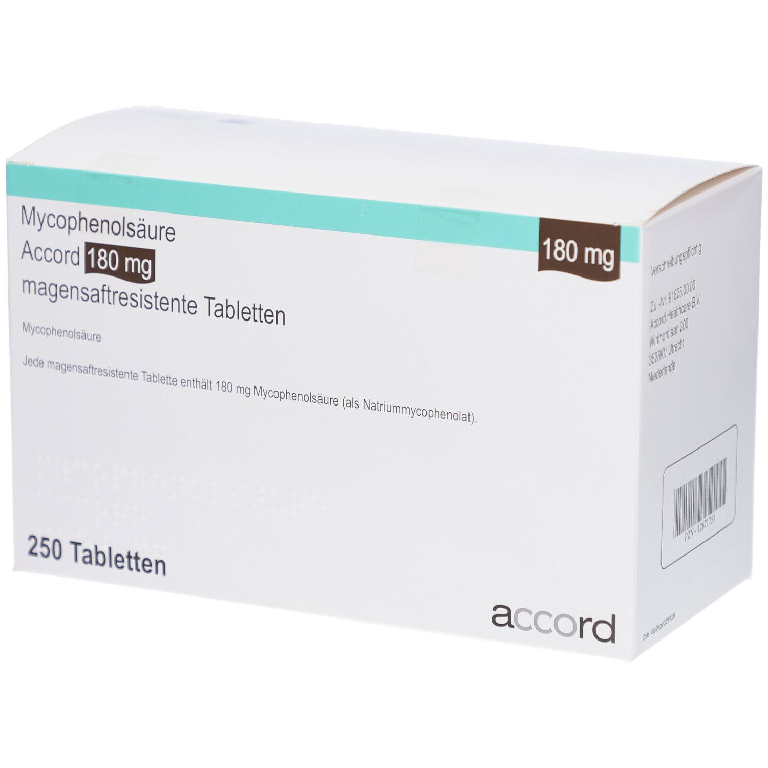 Schachtel mit Tabletten. Aufschrift: Mycophenolsäure Accord 180 mg magensaftresistente Tabletten. 250 Tabletten. Marke: accord.
