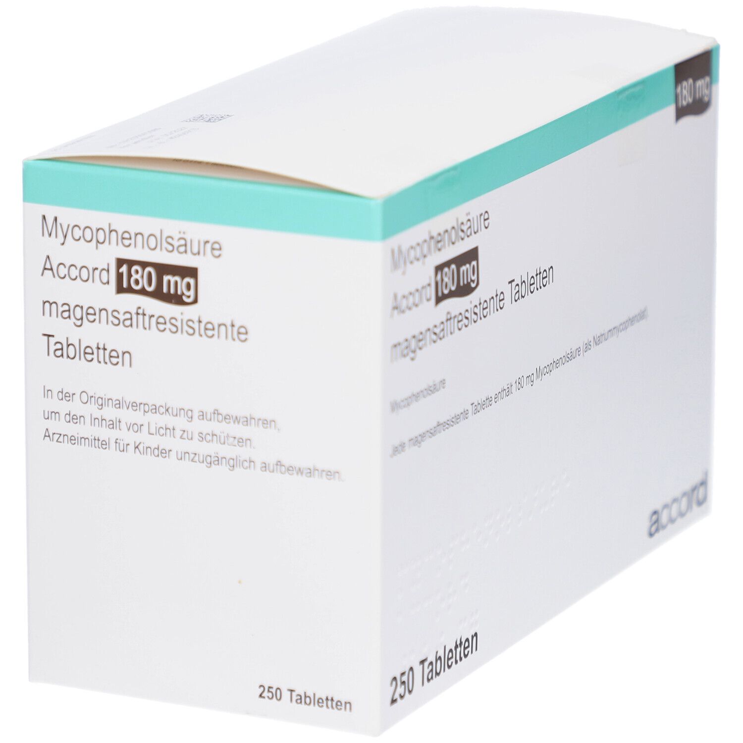 Schachtel mit Tabletten. Aufschrift: Mycophenolsäure Accord 180 mg magensaftresistente Tabletten. 250 Tabletten. Marke: accord.