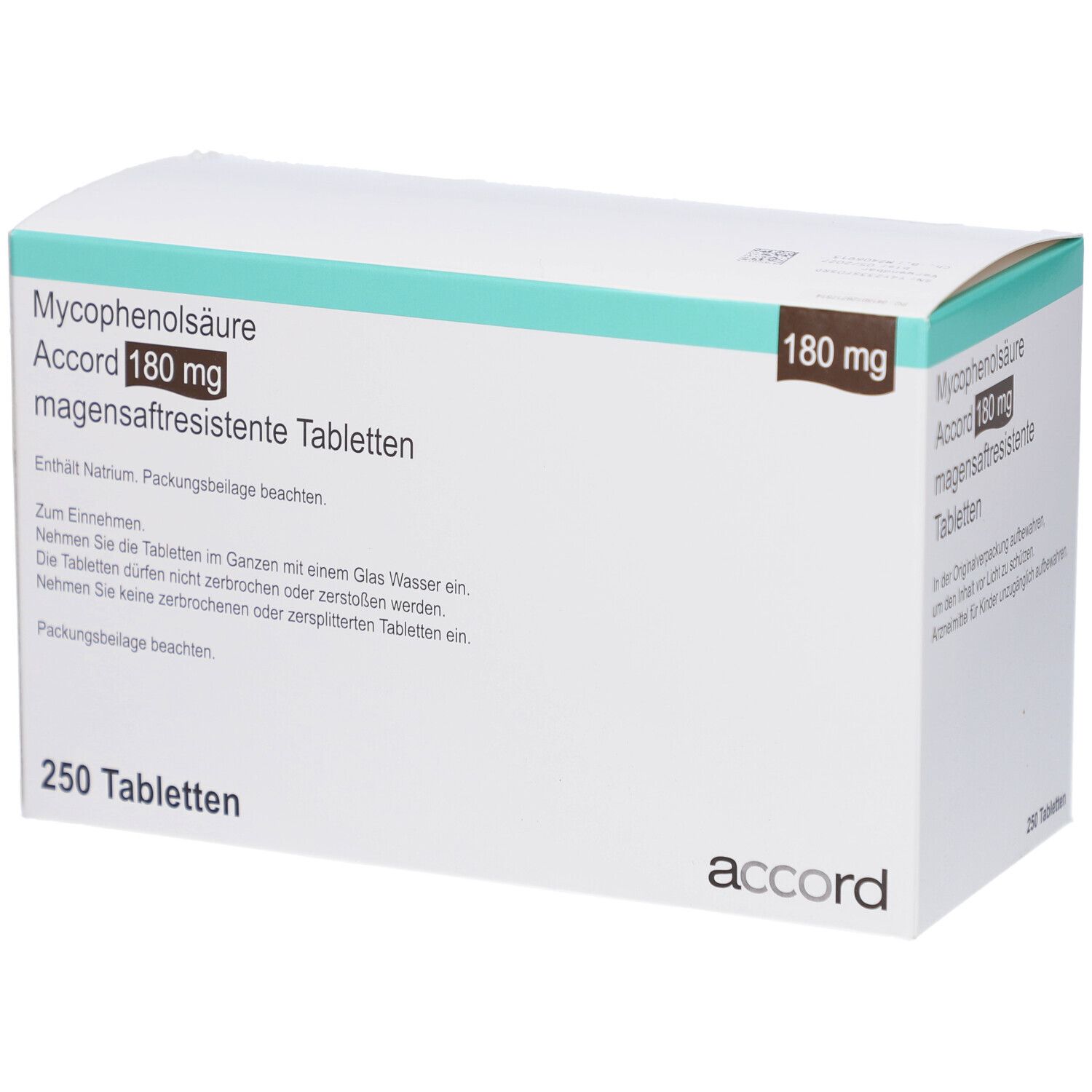 Schachtel mit Tabletten. Aufschrift: Mycophenolsäure Accord 180 mg magensaftresistente Tabletten. 250 Tabletten. Marke: accord.