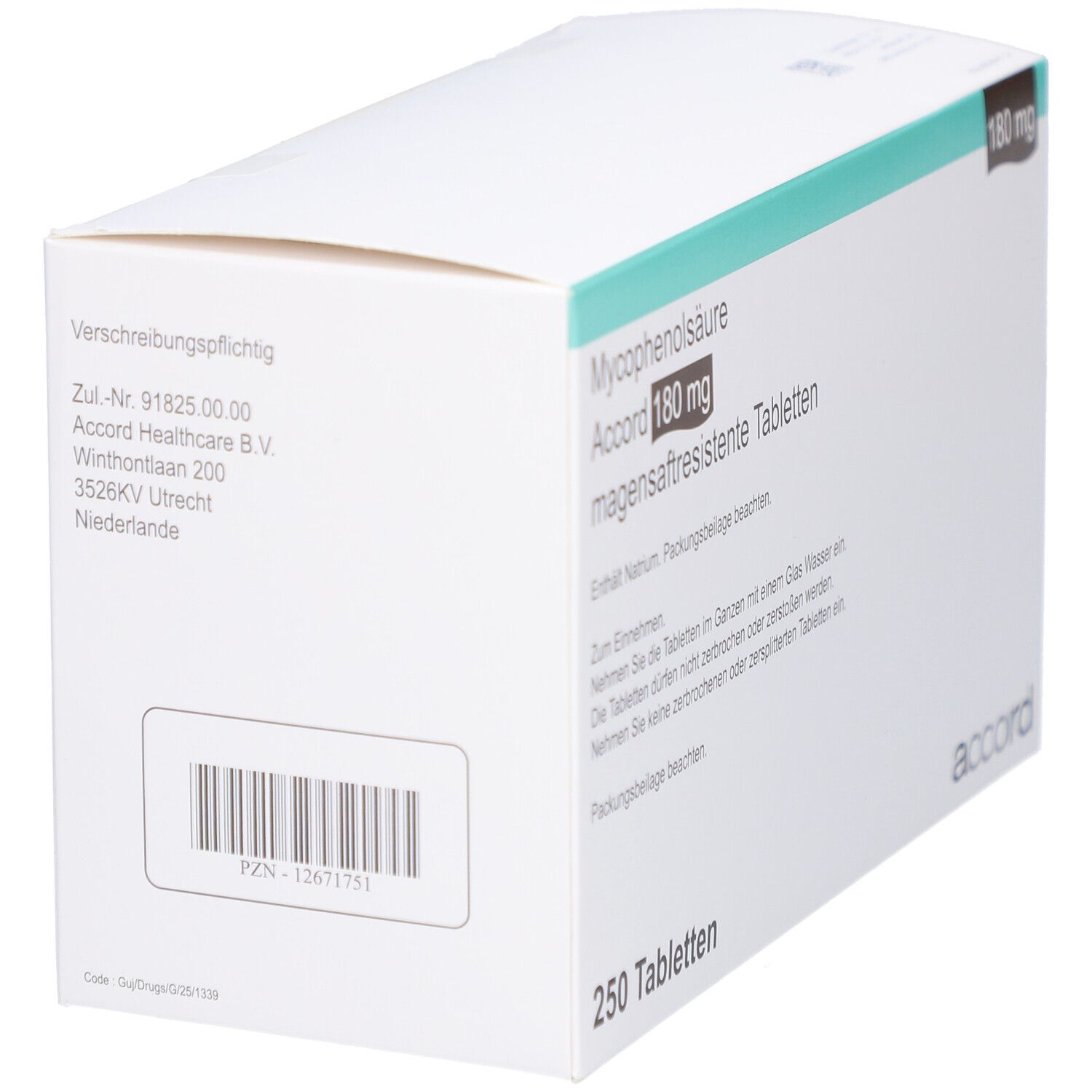 Schachtel mit Tabletten. Aufschrift: Mycophenolsäure Accord 180 mg magensaftresistente Tabletten. 250 Tabletten. Marke: accord.
