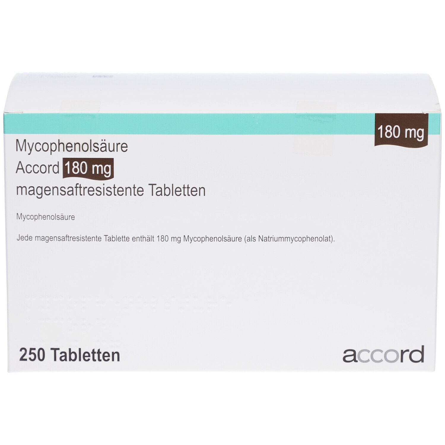 Schachtel mit Tabletten. Aufschrift: Mycophenolsäure Accord 180 mg magensaftresistente Tabletten. 250 Tabletten. Marke: accord.