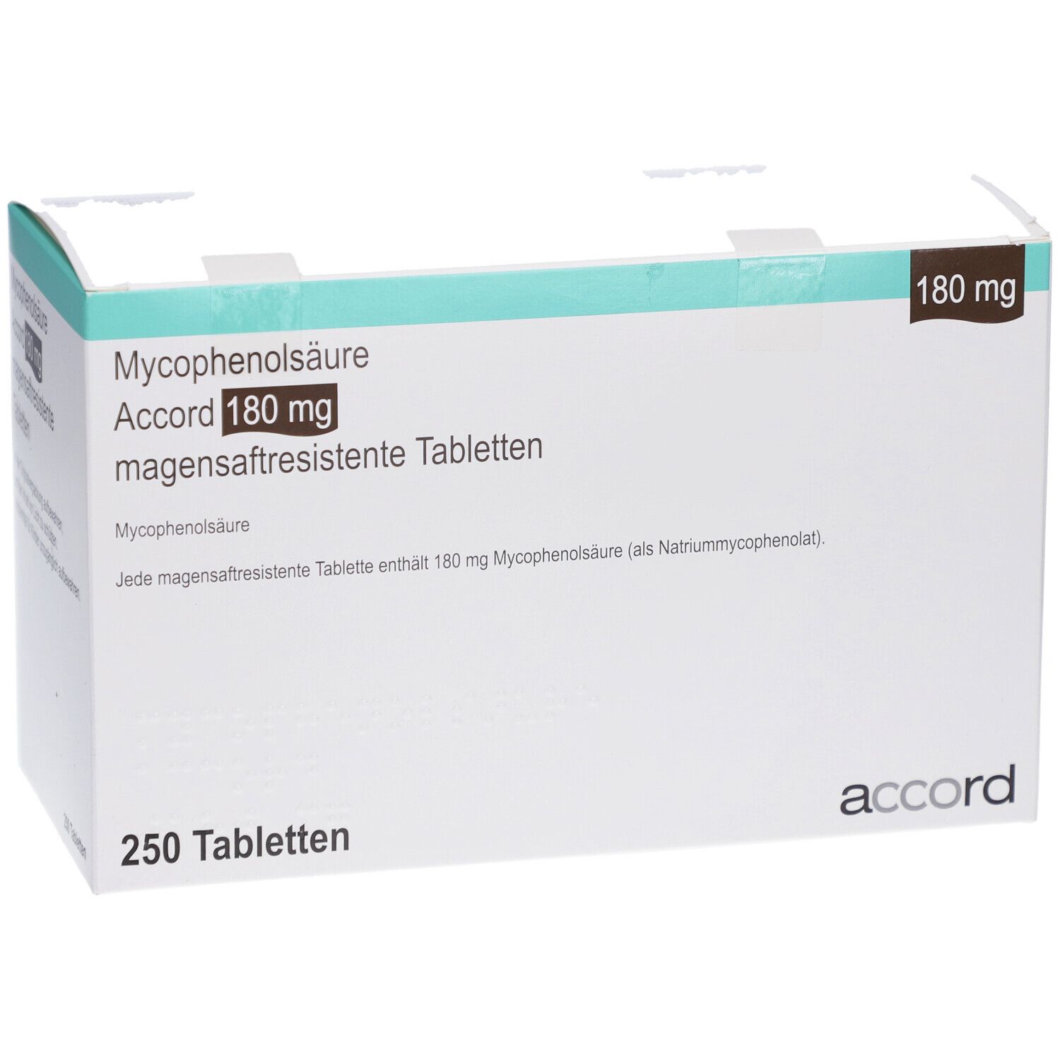 Schachtel mit Tabletten. Aufschrift: Mycophenolsäure Accord 180 mg magensaftresistente Tabletten. 250 Tabletten. Marke: accord.