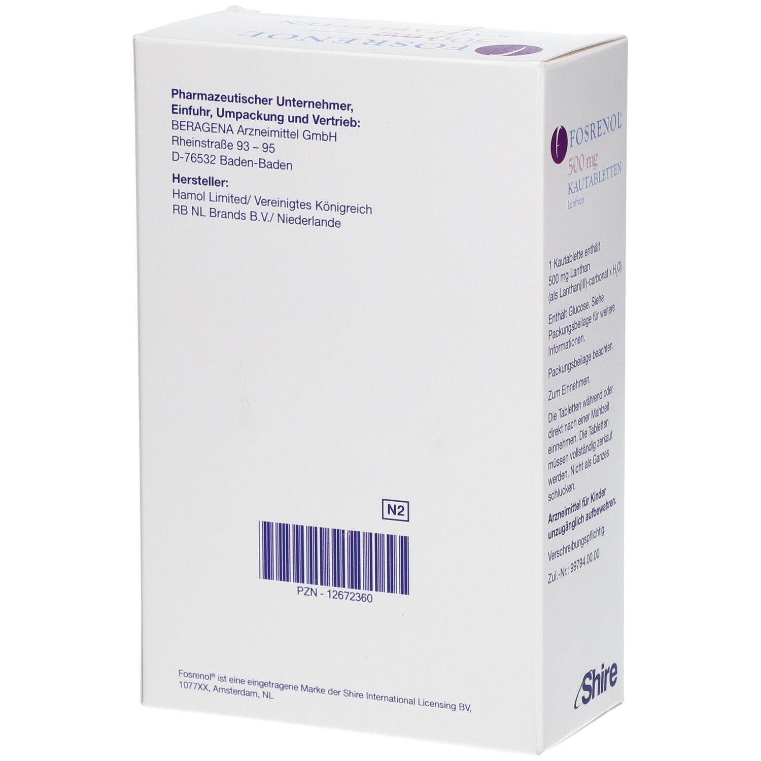 Rückseite der Fosrenol 500 mg Kautabletten-Packung. Weiße Schachtel mit Text. Enthält Hersteller- und Vertriebsinformationen. Barcode und PZN-Code.