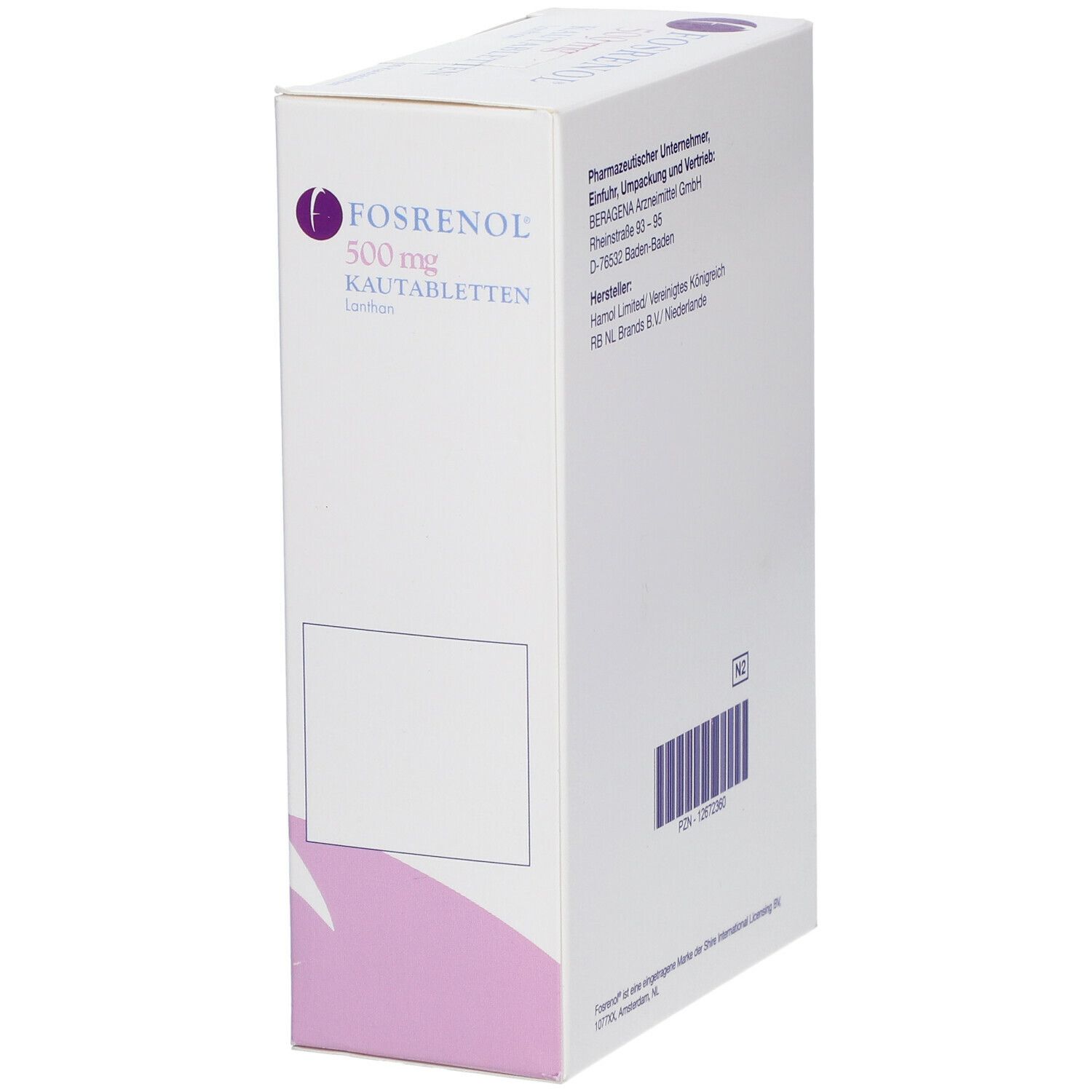 Fosrenol 500 mg Kautabletten-Packung. Weiße Schachtel mit Text. Enthält Informationen zur Zusammensetzung und Anwendung. Barcode.