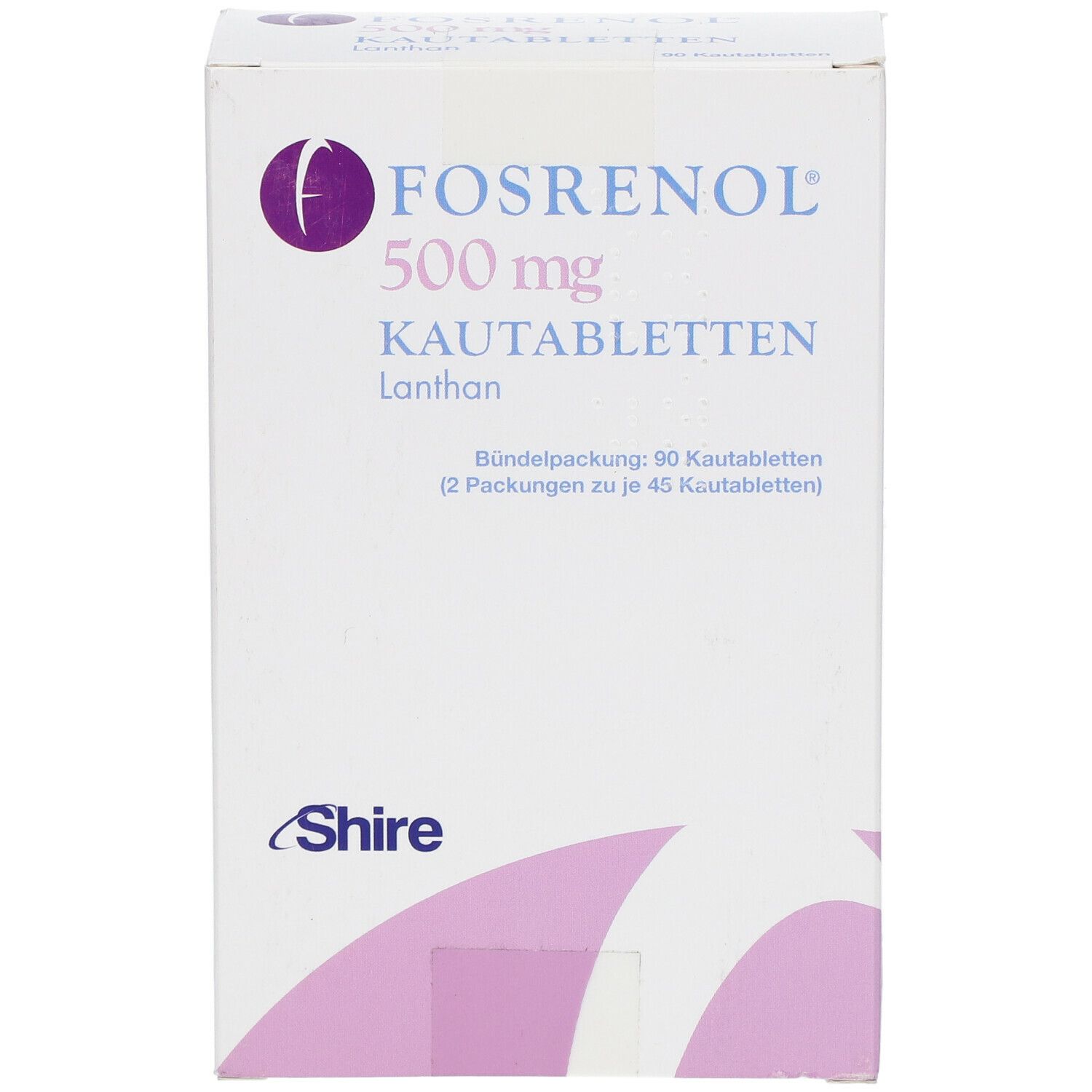 Fosrenol 500 mg Kautabletten-Packung. Weiße Schachtel mit lila Akzenten. Schriftzug: Fosrenol, 500 mg, Kautabletten. Logo: lila Kreis mit 'F'.