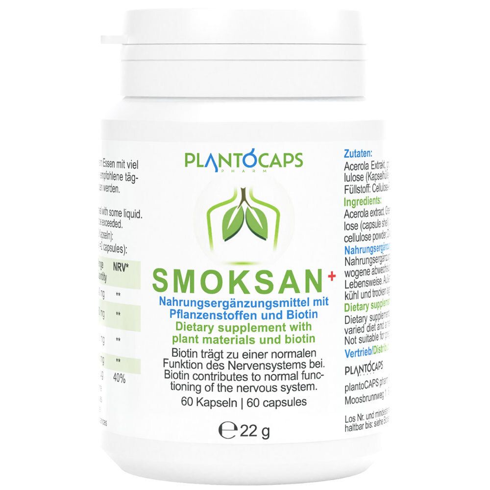 PlantoCaps SMOKSAN+ Kapseldose mit deutscher Beschriftung, 60 Kapseln.