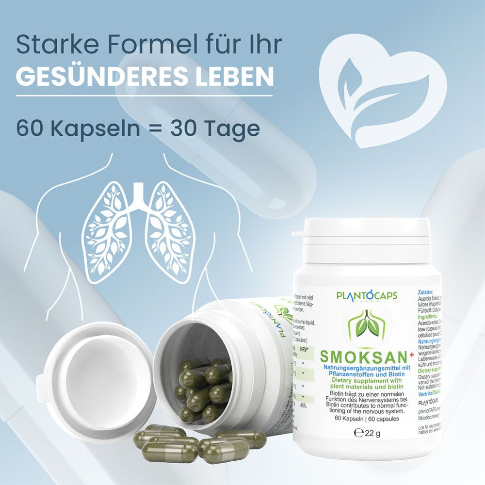 PlantoCaps SMOKSAN+ Kapseldose, Rückseite mit deutschen Zutaten und Anwendungshinweisen.