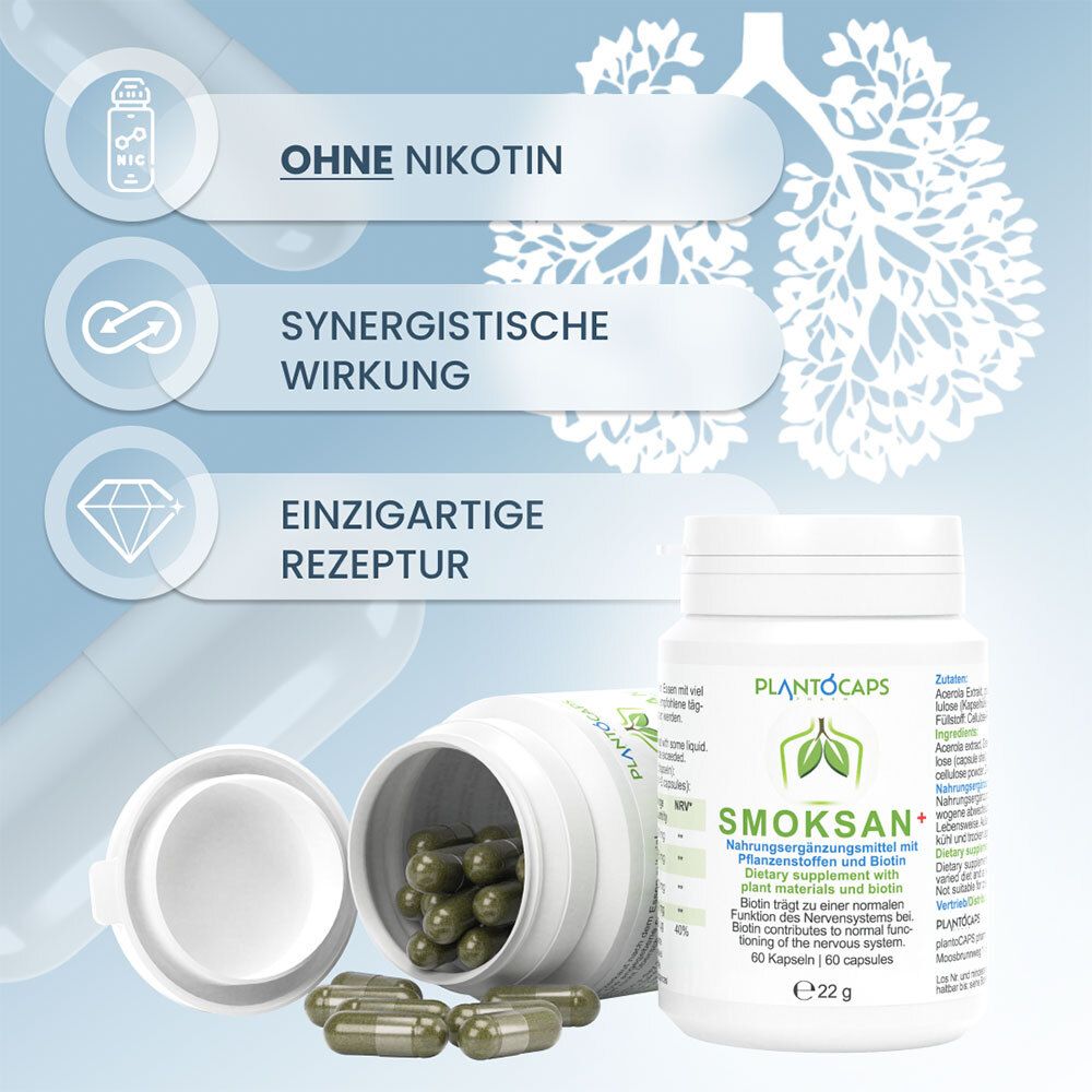 PlantoCaps SMOKSAN+ Kapseldose, Seite mit deutscher Verzehrempfehlung und Inhaltsstoffen.