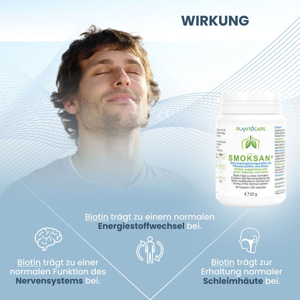 PlantoCaps SMOKSAN+ Kapseldose, Rückseite mit deutscher Nährwerttabelle und Inhaltsstoffen.