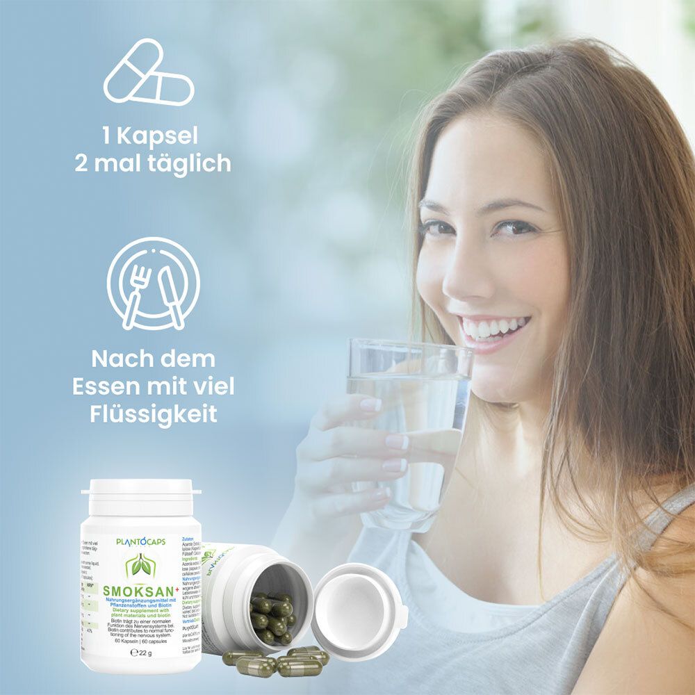 PlantoCaps SMOKSAN+ Kapseldose mit deutscher Beschriftung und Logo.