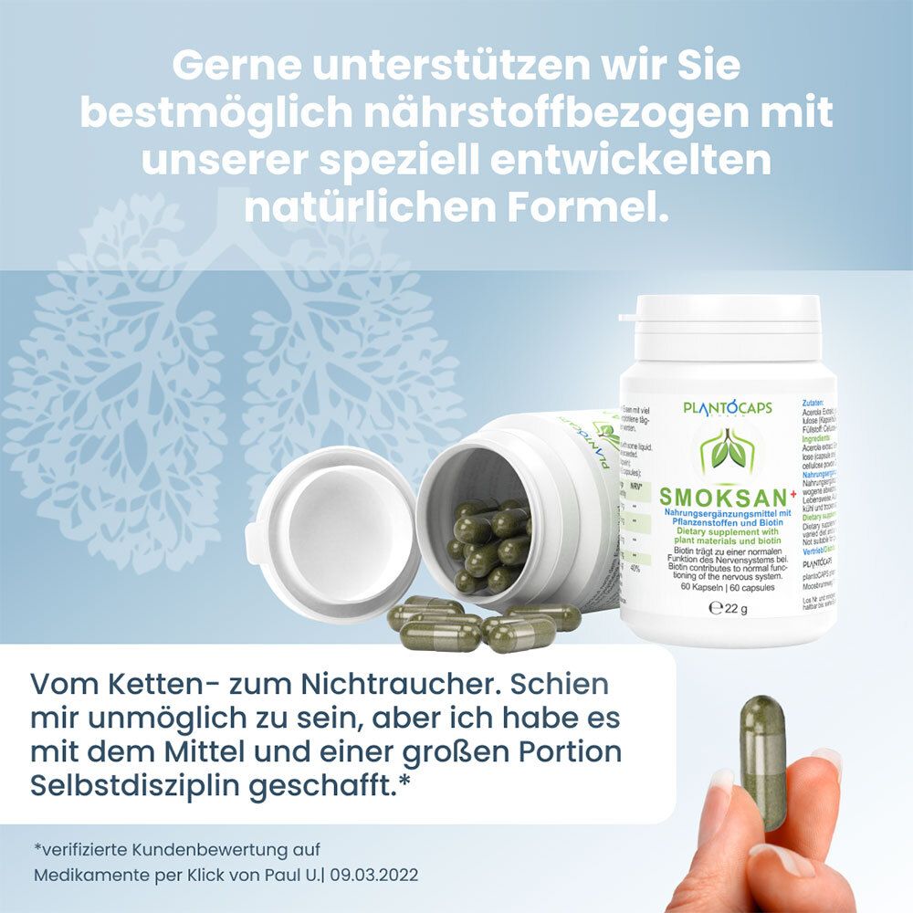 PlantoCaps SMOKSAN+ Kapseldose mit deutscher Beschriftung, Fokus auf Lungen-Symbol.