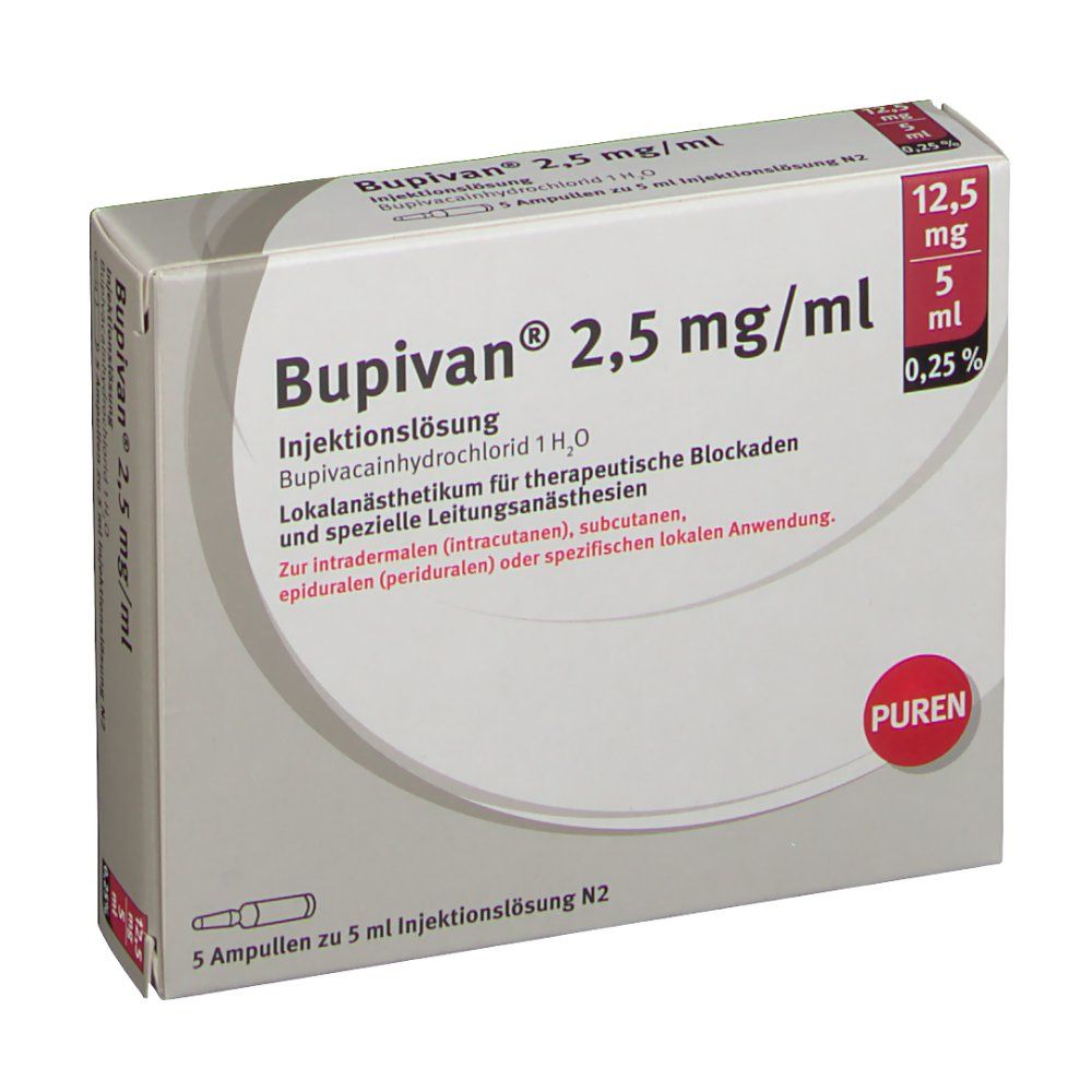 Bupivan 2,5 mg/ml Injektionslösung. Packung mit 5 Ampullen. Enthält Bupivacainhydrochlorid. PUREN-Logo. 12,5 mg/5 ml, 0,25%.