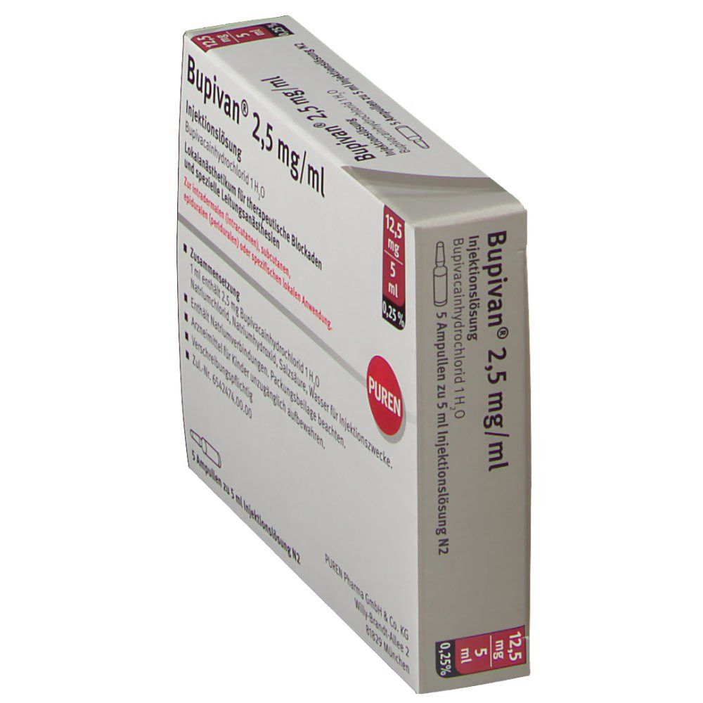 Bupivan 2,5 mg/ml Packung. Seitenansicht. Enthält 5 Ampullen. PUREN-Logo. 12,5 mg/5 ml, 0,25%.