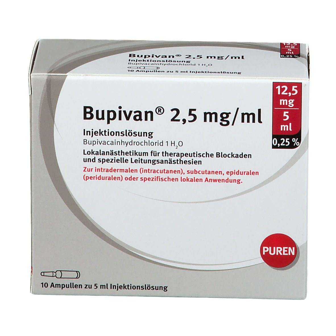 Bupivan 2,5 mg/ml Injektionslösung. Packung mit 10 Ampullen. Enthält 12,5 mg/5 ml. Hersteller: PUREN.
